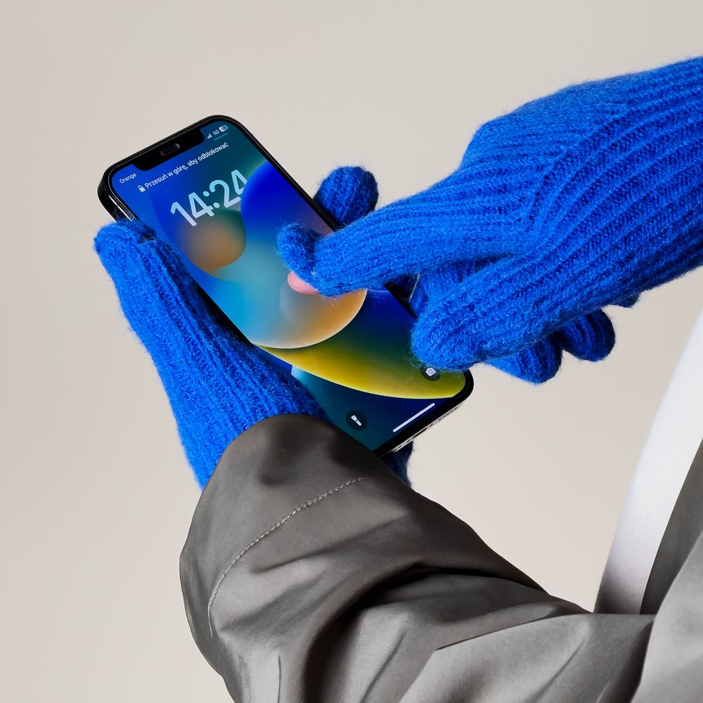 Braided telephone gloves with cutouts for fingers - blue