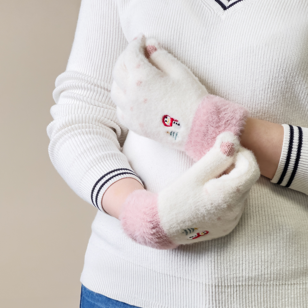 Women's winter telephone gloves with a snowman and a Christmas tree - white and pink