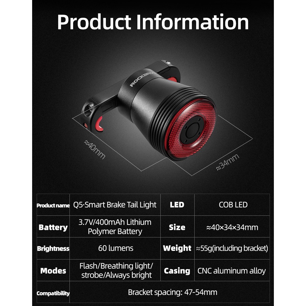 Rockbros Q5 Rear Bike Light with Intelligent Stop System - Black