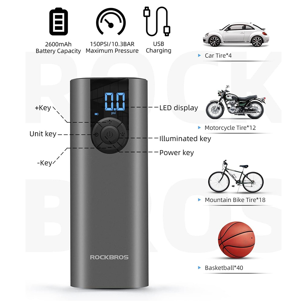 Rockbros 42720001001 Electric Bike Pump with LED Display + USB-C - USB-A Cable - Black