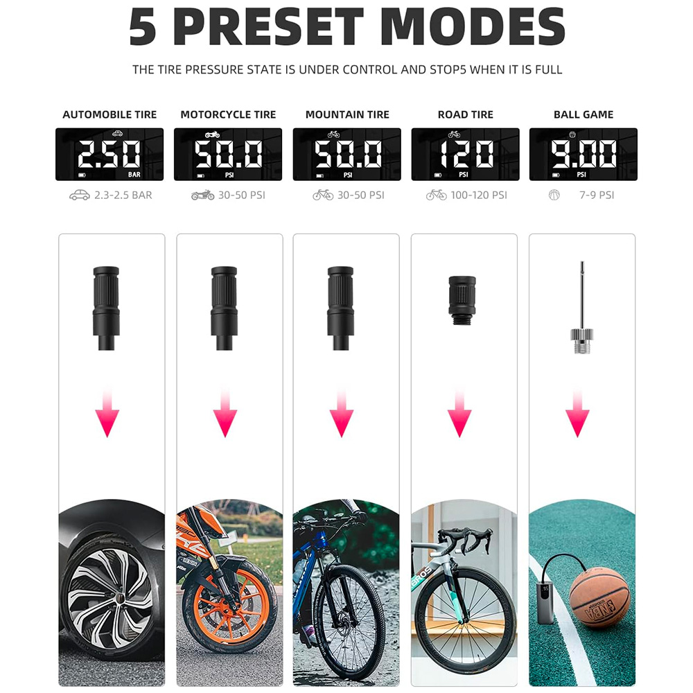 Rockbros 42720001001 Electric Bike Pump with LED Display + USB-C - USB-A Cable - Black
