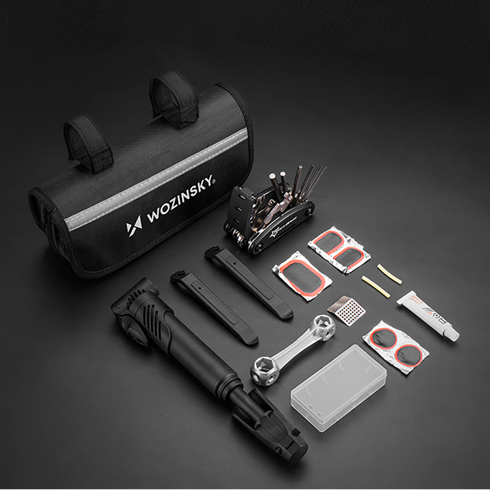 Wozinsky WMZ-01N tool kit, 16-in-1 bicycle multitool, pump, wrenches, inner tube kit - black