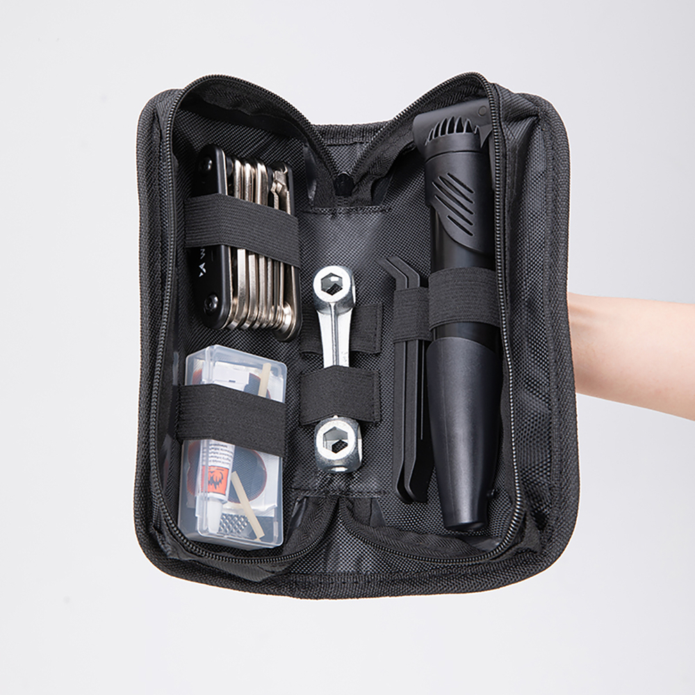 Wozinsky WMZ-01N tool kit, 16-in-1 bicycle multitool, pump, wrenches, inner tube kit - black