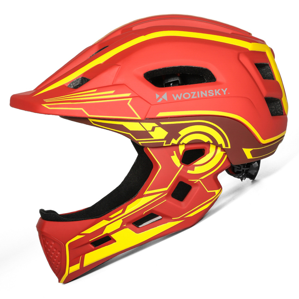 Wozinsky Kids' Full Face Bike Helmet with USB Rear Light S - Red and Yellow - OUTLET