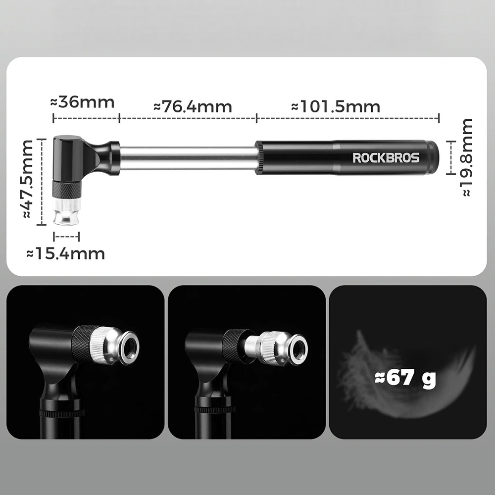 Rockbros JG-PB-11 130 PSI Bicycle Pump with Handle and Ball Needle - Black